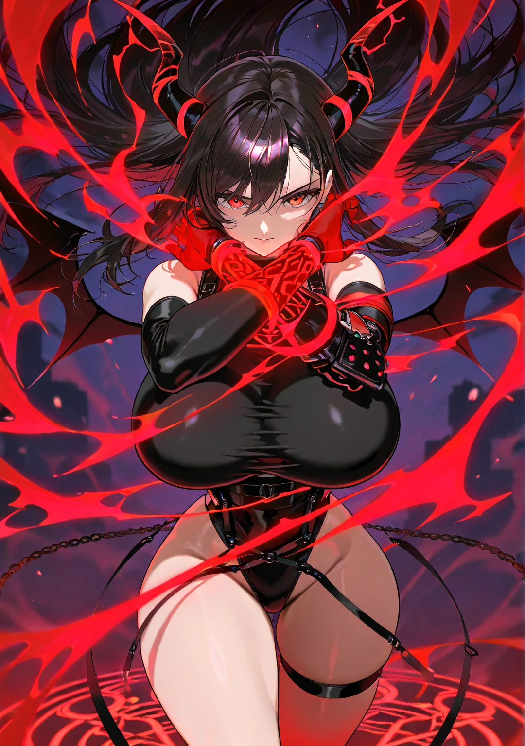 A demon girl with red horns on her head,Beauty,Black hair,Red eyes,Evil,Sexy,Big breasts,Beautiful figure,exposed,((Pure red background))