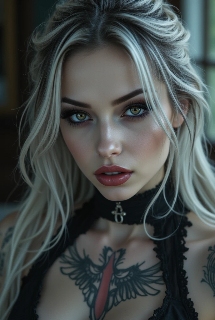 deep white hair, huge breast, bdsm, smile, tattoo, blue eyes