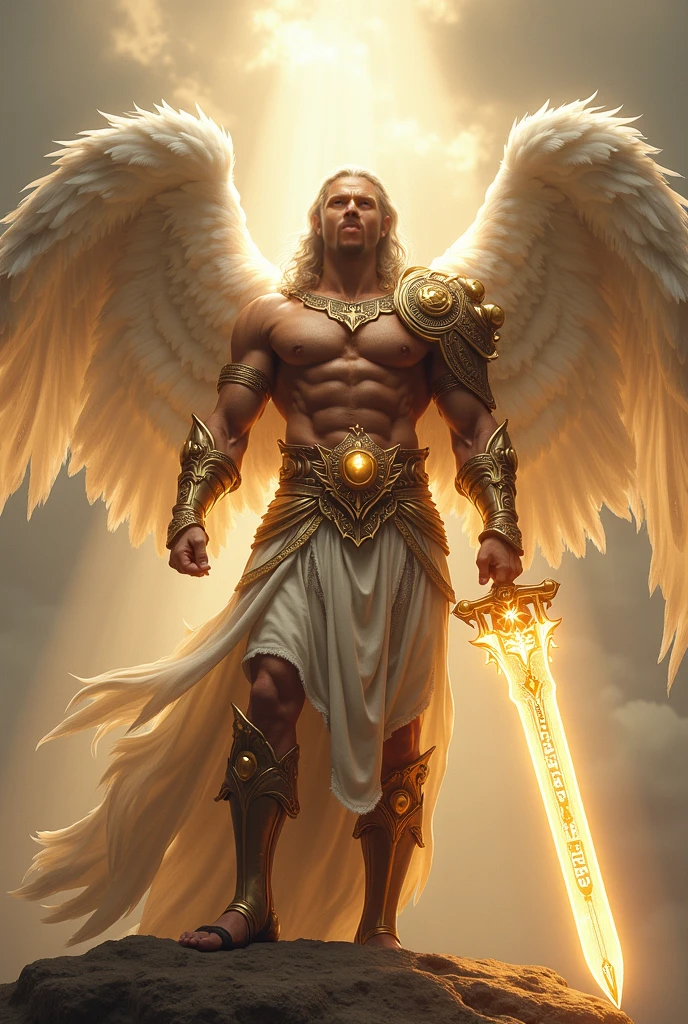 work of art, best qualityer, realisitic, ultra detaild, Movie poster style, dungeons and dragons character design, heavenly, brunean man with round face, muscular, dramatic silver hair, radiant white angel wings, homoerotic heavy armor, flying in the air, dramatic cut with flaming sword towards camera, godrays, perfect toes, perfect hands, perfection
