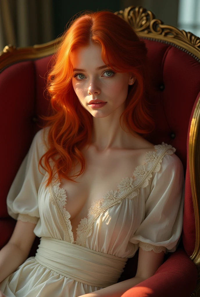 A woman with orange blonde hair and a pure white dress sits and handles poker cards:1.2, (Very detailed details_1 beautiful 20 year old woman), She is concentrating on the card game., surrealism, Blurry background with intricate and detailed details, 8k ultra high definition, masterpiece,