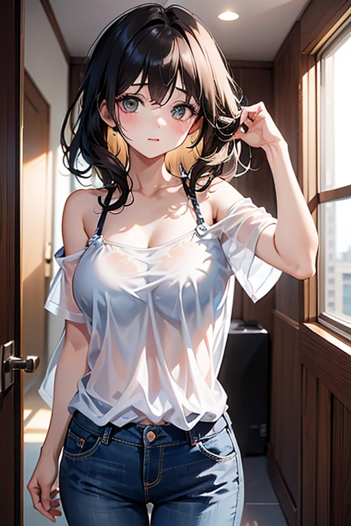 One girl, solo, High resolution, Blushing, Brown Hair, teeth, tongue, High resolution, Shortcuts, Bangs, Bob Hair, Disheveled Hair, White KNIT camisole、Sheer tube top bra、Shoulder straps、Wear a loose, oversized shirt、Denim pants、Earrings、Wheat skin、beautiful girl、teen、slender、mini brests、