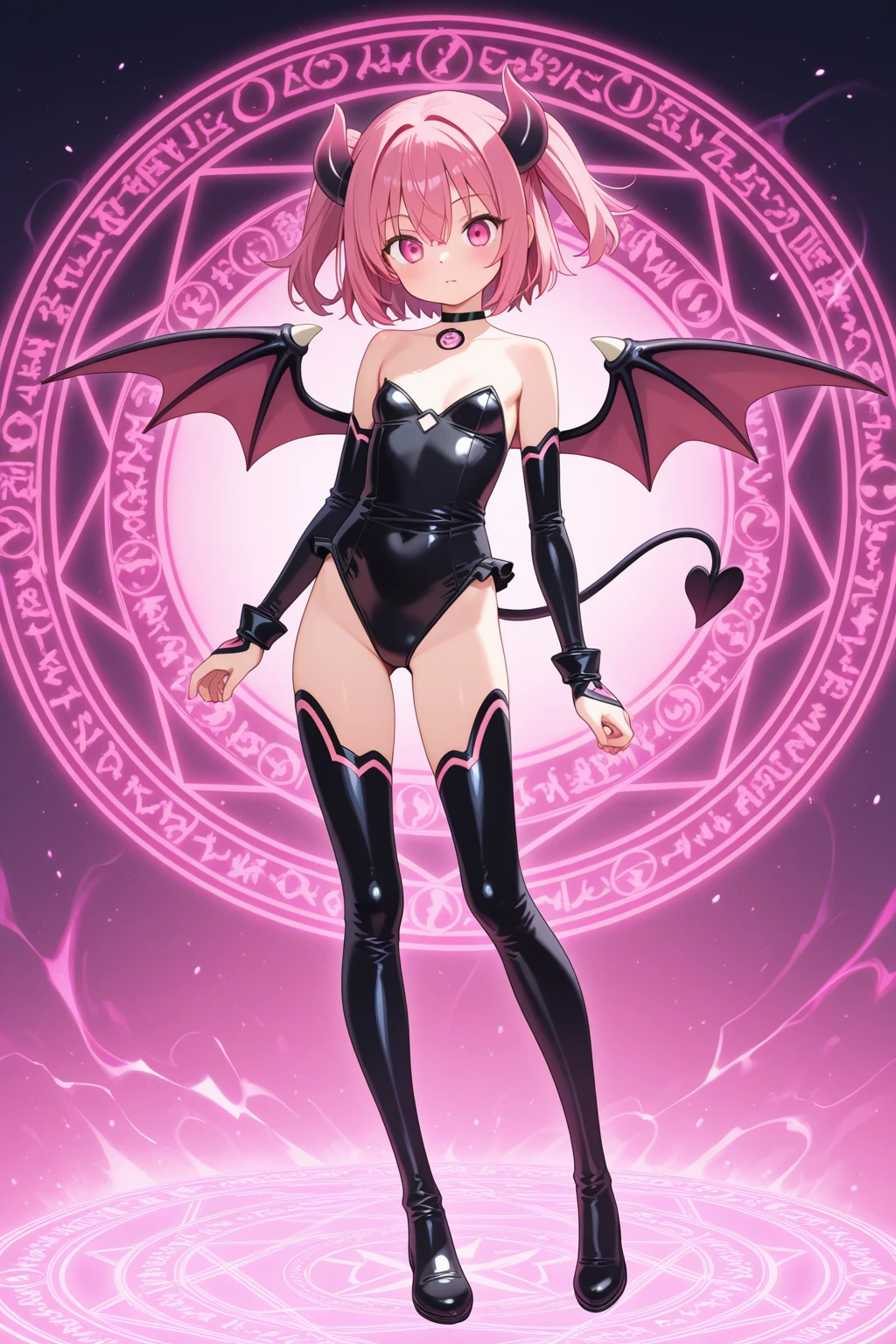 ashido mina, 1girl, alternate costume, black dress, black sclera, colored sclera, colored skin, demon tail, demon wings, detached sleeves, dress, holding, holding weapon, horns, looking at viewer, pink hair, pink skin, short hair, solo, tail, weapon, wings, yellow eyes, ass, looking back