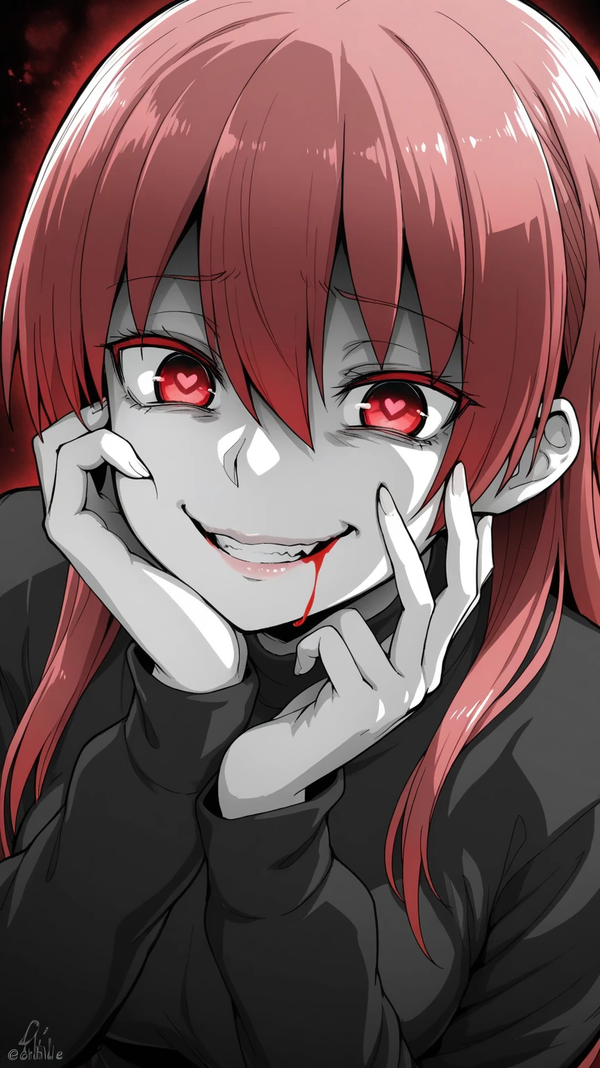 1 Girl, Vampire, Medium Breasts, Dark Red Hair, Silver Highlights In Hair, Vampire Hair Style, Long Hair, Red Vampire Eyes, Pale Skin, Smooth Skin, Soft Features, Nice Lips, Insane Smile, Cute Face, Vampire Outfit, Royal Vampire, Upper Body Shot, Crazy, Manic, Insane, Blood, Covered In Blood, Blood Splatter, Blood Sprays, Blood on Face, Blood Leaking from her Mouth, Blood on Her Chest, One Hand on Her Face, One Hand On her Chest, (Close Up On Face, Face POV), Leaning Forward to Bite the Viewer, Close Up on Mouth,