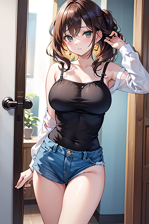 brown skin girl in a deep V-neck front-tie top, (jeans trousers), famished