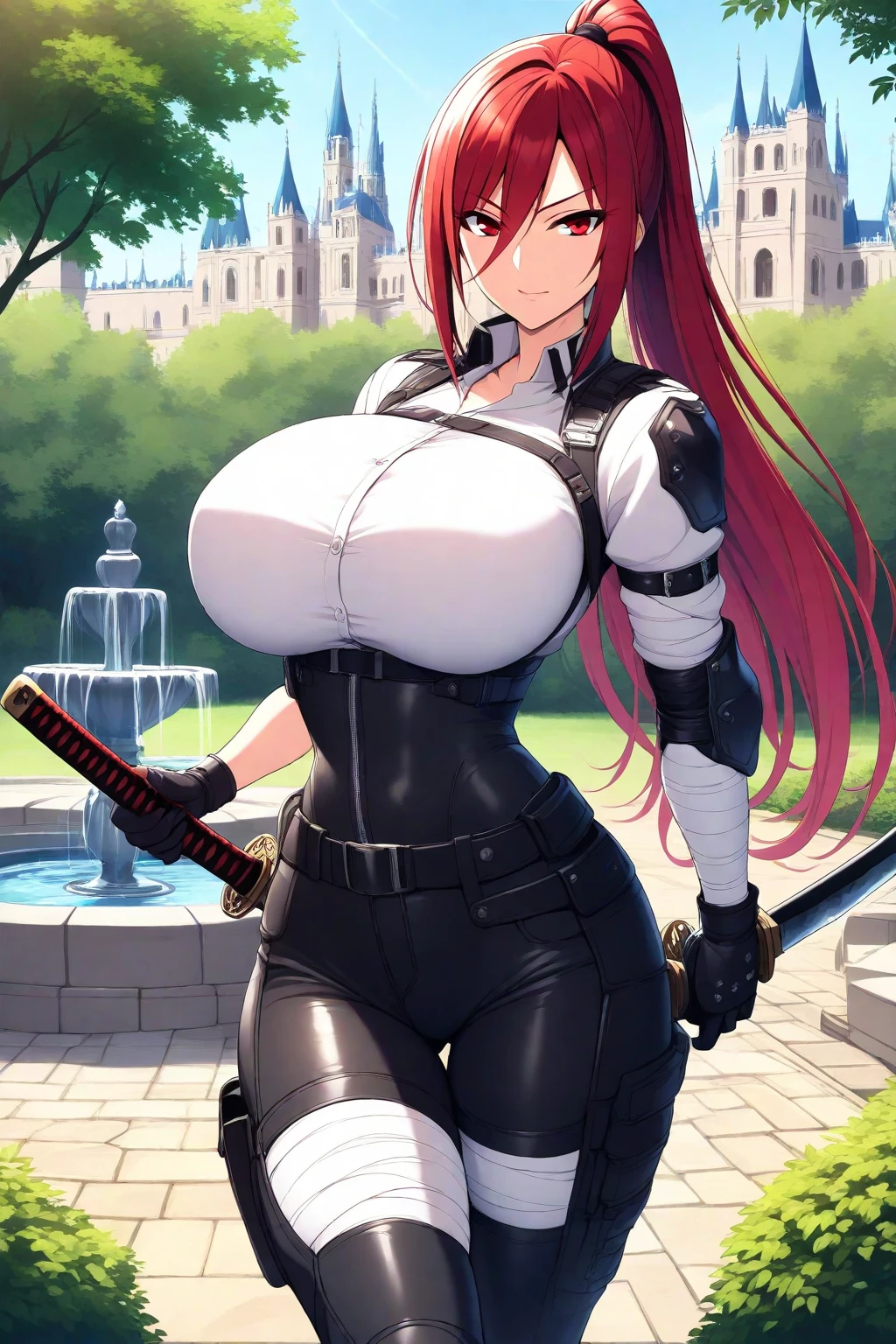 NSFW, magnifique femme sexy, Masterpiece, Best quality, 1 femme plantureuse, corps sublime, seulement, regard coquin, regard pervers, long cheveux rouge, bonzée skin, pose ultra sexy, volume (nikke), (Masterpiece: 1.2), high resolucion, Best quality, 8k, dans un parc, corps entier,Posant, sensuellement,(jambes nues, huge breasts, larges hanches)