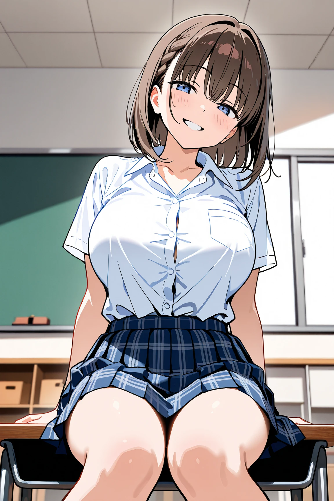 Score_9, 1girl, , sitting, large breasts, smile, brown hair, blue eyes, crossed legs, classroom, side view, underboob