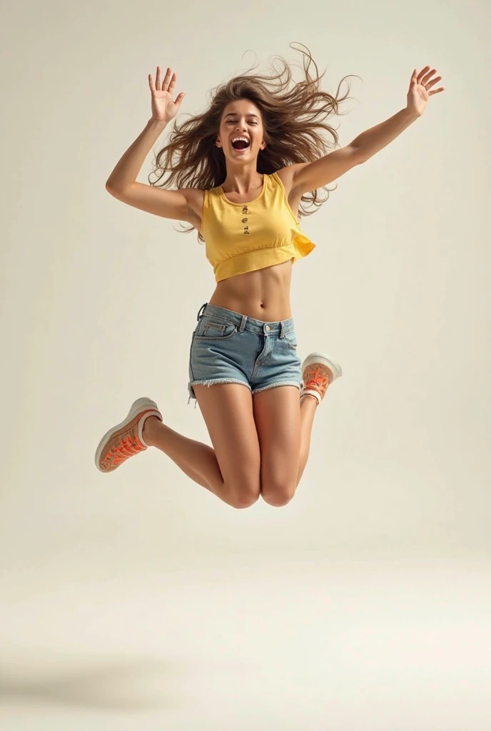 ((Ultra HD:1.2,super high quality:1.2,Photorealism:1.2,Ultra-high resolution,Large exposure、Ultra-fine,solo,Vibrant colors、No medical defects,Not medically excessive)),(Perfectly balanced body),Looking into the camera,(great joy),(Braided ponytail),(Light brown hair),(short hair),(camisole),(leather shorts),(race),Overhead Shot,(Jump),Raise your arms,Studio Lighting
