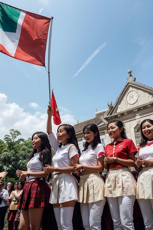 Catholic monks and nuns gathered together holding the Indonesian flag
