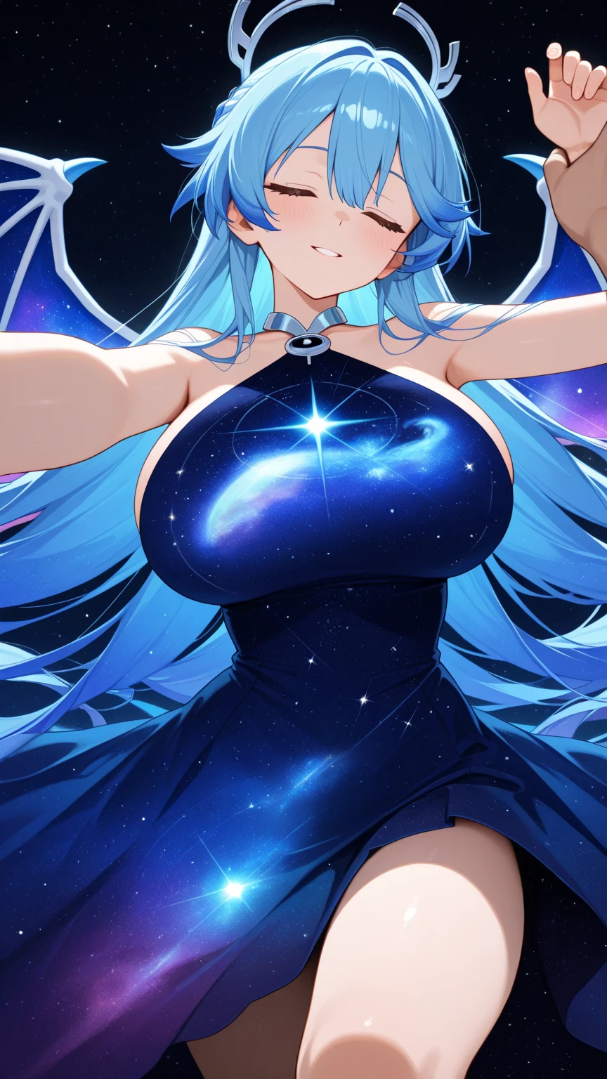 (masterpiece、top-quality:1.5、a high chroma:1.5、ultra-detailliert、high-resolution illustrations:1.5、Ultra-high-definition CG、8k size wallpaper、offcial art)、(virgin killer sweater )、 breasts are large ,Cowboy Shot、girl, cloud, Colorful, masutepiece, galaxies background