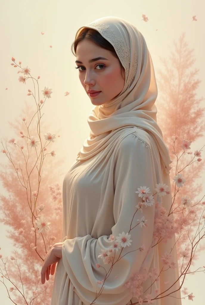 Ethereal portrait of a Malay woman in flowing silk hijab, adorned with delicate white flowers. Cinematic wide-angle shot capturing her graceful, dynamic pose against a serene backdrop. Soft, diffused lighting reminiscent of golden hour. Muted pastel color palette with pops of white. Bokeh effect enhancing dreamlike atmosphere. Advertising-inspired composition emphasizing elegance and cultural beauty. 8K resolution for stunning detail.