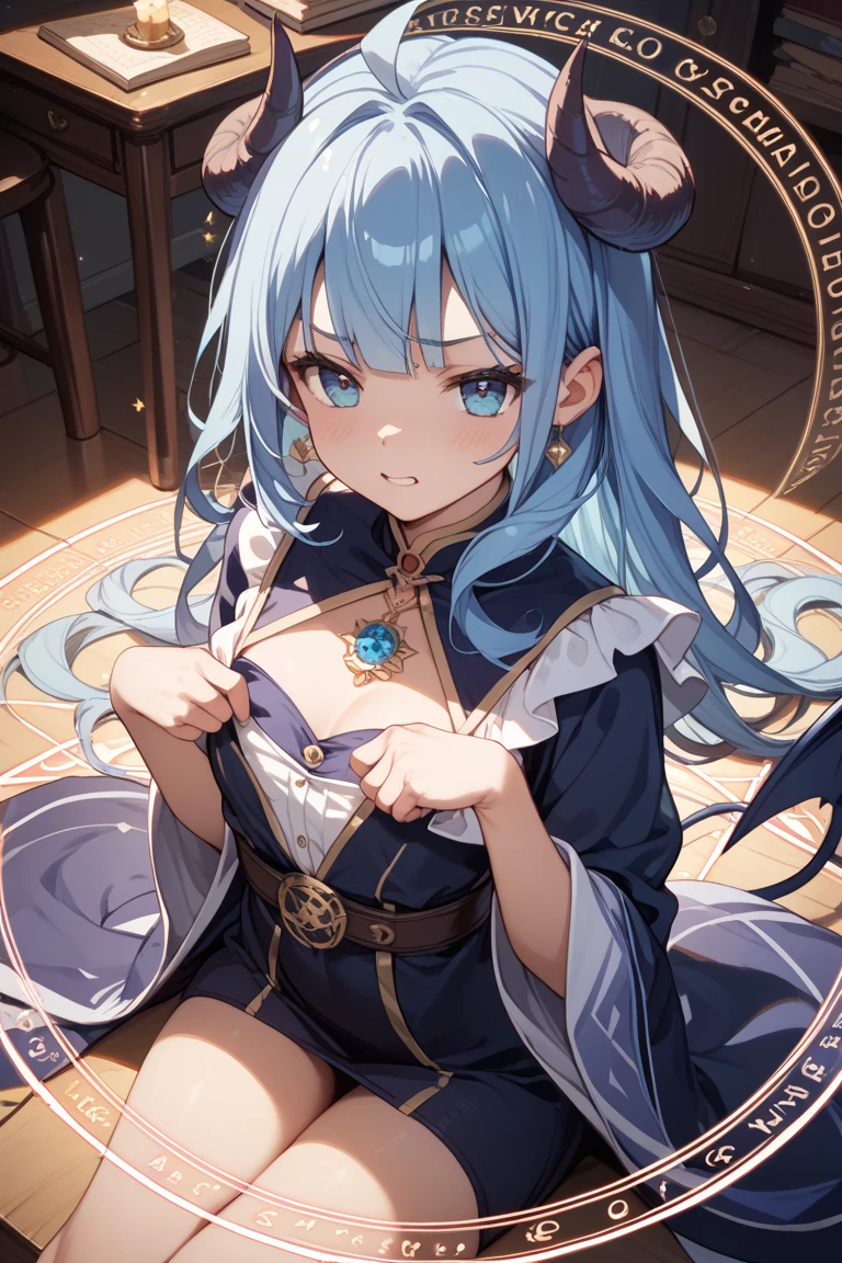 work of art, 1womanl, turquoise hair, looking 3, fortune teller outfit, hair ornament, necklase, jewerly, calm smile, fortune telling room, candles on the table, tarot cards, looking ahead at viewer