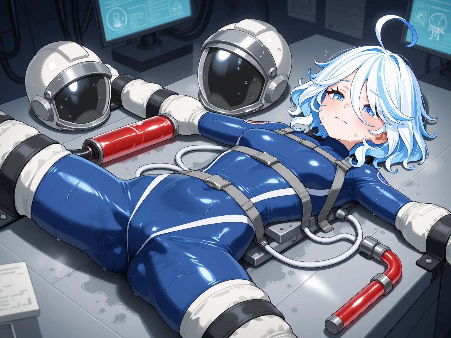 ((Highest quality, 8k wallpaper)),(masterpiece, Highest quality),Very detailed,High resolution,(Official Art:1.3),(((Anime screenshots,Black outline))),One girl,alone, Break mer1,(Rei Ayanami {Neon Genesis Evangelion,}1.2),masterpiece, best quality, outdoor, 1girl, Solo,red eyes,short hair,blue hair, (White plug suit:1.4), skin tight,(Tired look, A look of regret, Struggled, Half-closed eyes, fear, humiliation, Frightened, anxiety:1.3),(((Covered in sweat, Mass sweat, Sweating profusely,steam:1.7))), (lying on side, arms behind back:1.8), (Dirty Costume with mud,gym storeroom:1.5),(((dirty:1.4))),(((Tape Gag:1.4))),(((tape, gagged, bondage,  bound:1.4))),