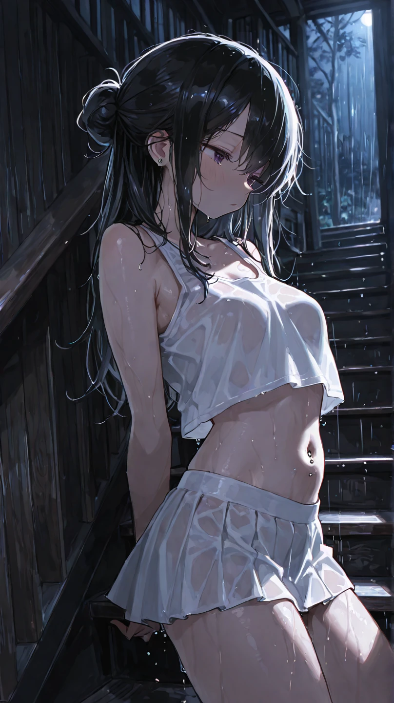 (masterpiece,top quality,high quality)), ((8K wallpaper unified with high definition CG)), (huge stunning goddess shot, so hot and sexy, jaw dropping beauty, perfect proportions, beautiful body, slim body beauty:1.3), (dancing in the rain:1.5)), Woman in white dress dancing in the rain, dancing in the rain, sloshing rain, soaking wet, soaking wet body, carnal desire, wet in the rain, wet dress, backlighting, rain, wet hair shaking, splashing rain, night, rain, portrait of dancer, facing away, looking across, Rough pose, one hand Pinching the edge of her skirt, one leg raised high, dynamic composition, view from behind, full body shot, 