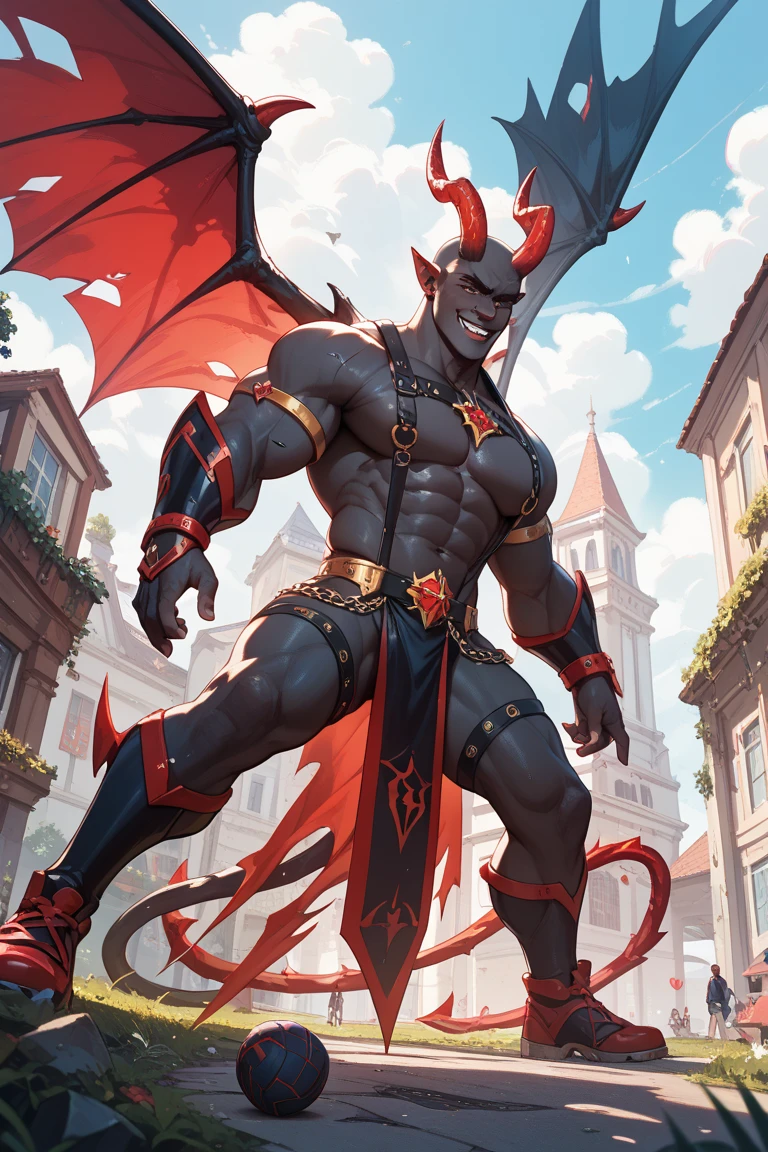Huge muscles,Devilish wings,Devilish horns,Clear liquid dripping from penis,black costume,Huge erect penis,Ready your weapon,Fallen angel radiating an evil aura