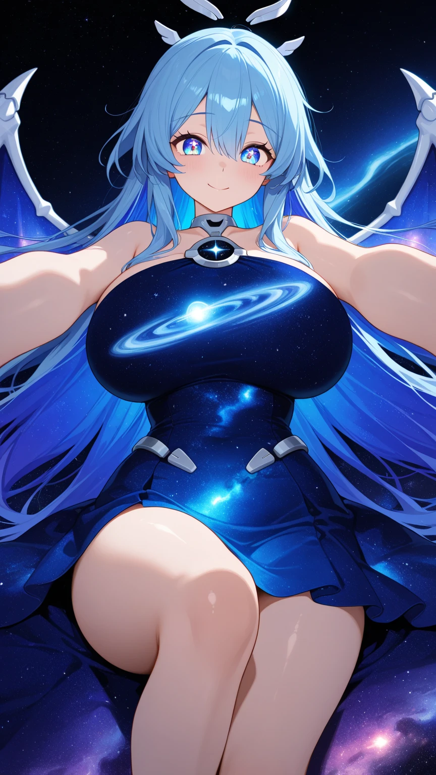 Galina, the goddess of galaxies, 20 years old, long hair, dark blue, dark blue eyes, huge breasts, half naked, with a galaxy glitter fabric, sitting on her throne in her temple, touching her breasts, calmly smiling with galaxy light..hentai