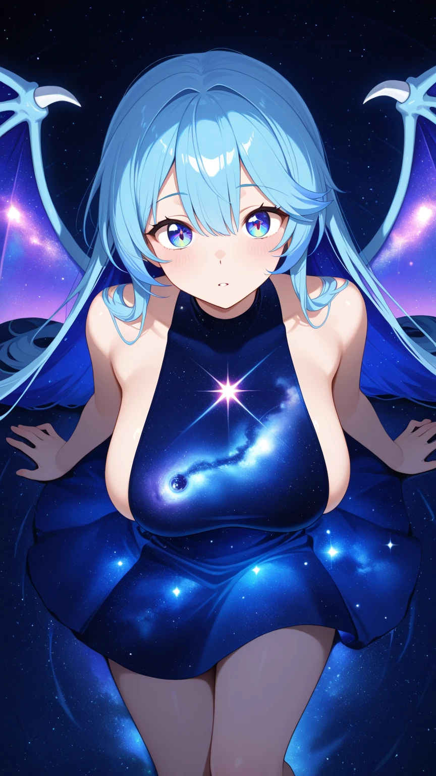 Galina, the goddess of galaxies, 20 years old, long hair, dark blue, dark blue eyes, huge breasts, half naked, with a galaxy glitter fabric, sitting on her throne in her temple, touching her breasts, calmly smiling with galaxy light..hentai