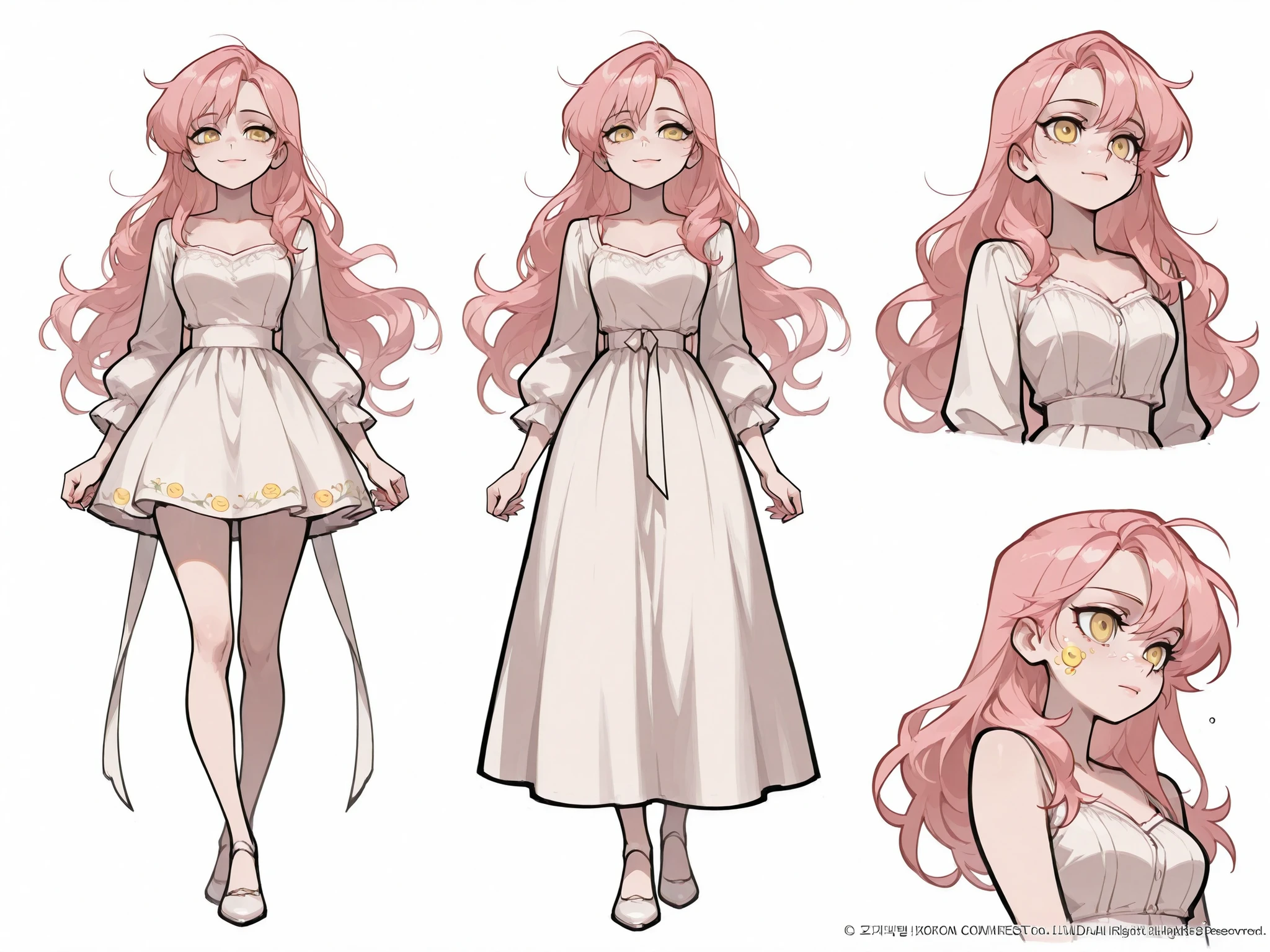 masterpieces, top quality, 1 girl, Solo, Detailed eyes, white background, pink hair, yellow eyes, high quality, Various facial expressions, Completeness , scattered hair, Pictures that don't overlap, human body proportions, youth, Various angles, Popular , Korean, Fashion, game illustration, various poses, Dark Contrast, Finished picture, Dress, Ballroom, romance fantasy, smiley face, detailed facial details