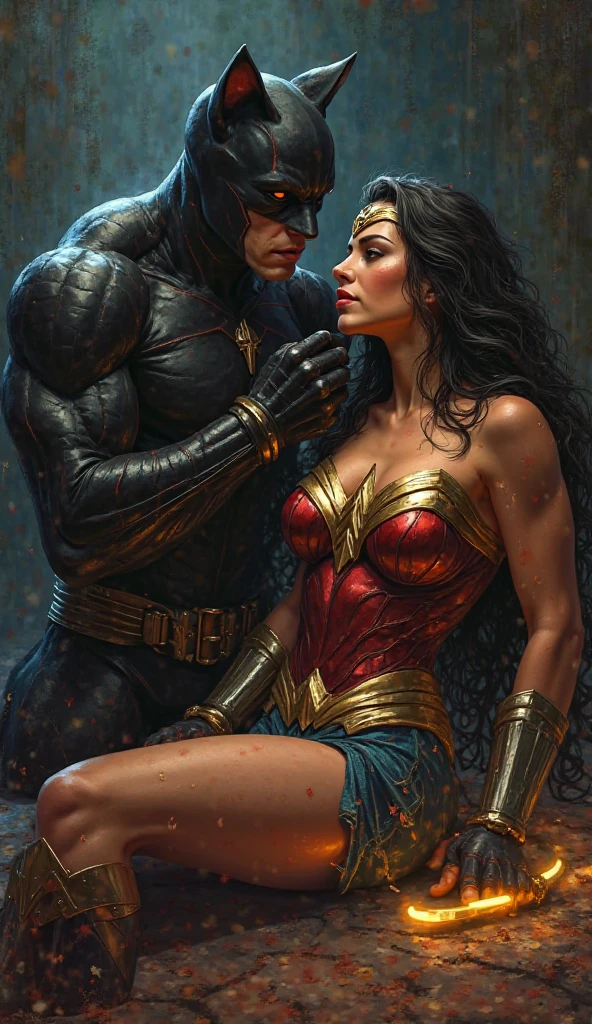 1man, 1girl, photo of a man and a woman, a man in a black helmet that completely covers his face, ((faceless)), a man wearing black military gear, a man holding Wonder Woman's waist, a man looking at Wonder Woman, Wonder Woman putting her hand on a man's shoulder to untie from a baerhug, a portrait of John Rourke, tumblr, concept art, (sfw) safe work, Wonder Woman outfit, ((highest quality)), (4k, very detailed, high-detail RAW color photo, Masterpieces: 1.2), (Realistic and Realistic Photography: 1.37), Global Lighting, Reality Lighting, Photon Mapping, Physics-Based Rendering, Wonder Woman, Clenched Teeth, Grimacing, Breathing heavily, Eyes Down, Facing Another, (Intricate Details, Makeup), (Delicate and Beautiful Delicate Face, Delicate and Beautiful Delicate Eyes, Face with Perfect Proportions), (Realistic Moist Skin: 1.2), (Soaked Body: 1.2), (Wet Skin), Wet Hair, Delicate Skin, Strong and Realistic Blue Eyes, Realistic black hair, lips, makeup, natural skin texture, tiara, jewelry, star \(symbol\), leotard, bulletproof gauntlet, red boots, golden girdle, (public clothing: 1.5), bare shoulders, slightly sunburned complexion, mature, sexy, elastic muscles, (muscles:1.2), ((strong and healthy body)), ((more) muscles))), long legs, curves, (big breasts: 1.3), thin waist, soft waist, (delicate skin), (beautiful and sexy woman), (swollen lips: 0.9), (eyelashes: 1.2), very delicate muscle definition, ((dirty)),