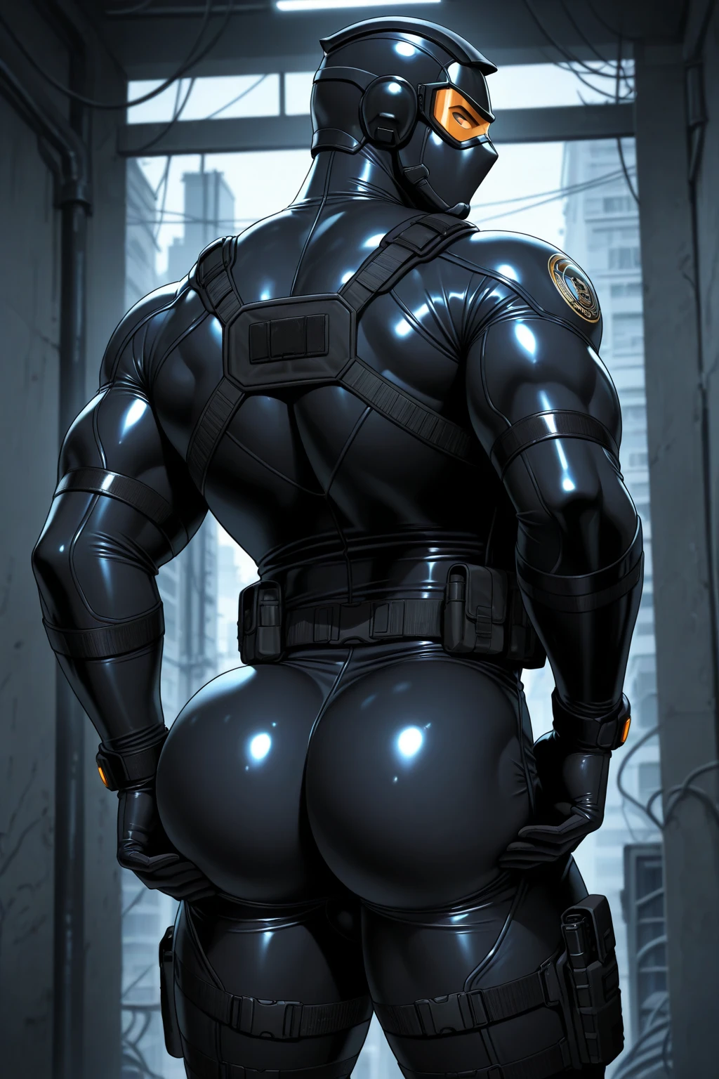 1 furry, (a big powerful horse guard, daddy, very detailed hazel fur, black mane, inside a bathroom, closed eyes, clenching teeth, afroamerican genetics:1.23), male, soft light, (photorrealistic rendering, detailed ferocious face, wearing black swat gear, detailed clothing textures, close focus on butthole:1.21), solo, wearing black tactical boots, (photographic masterpiece, unwanted erection, very detailed tactical boots, very oversized boots:1.52), (handsfree cum, cumshot, anal orgasm:1.51), hyperrealistic, (photographic lighting, piercing eyes, leaning against a wall, wearing tactical gloves, focus on fully clothed:1.43), (back view, presenting anus, detailed boot leather texture, looking massive:1.32), security guard, officer, (hyper muscles, clothed, very muscular, uniform, powerful thighs, focus on tight puffy anus, horse ass:1.5)