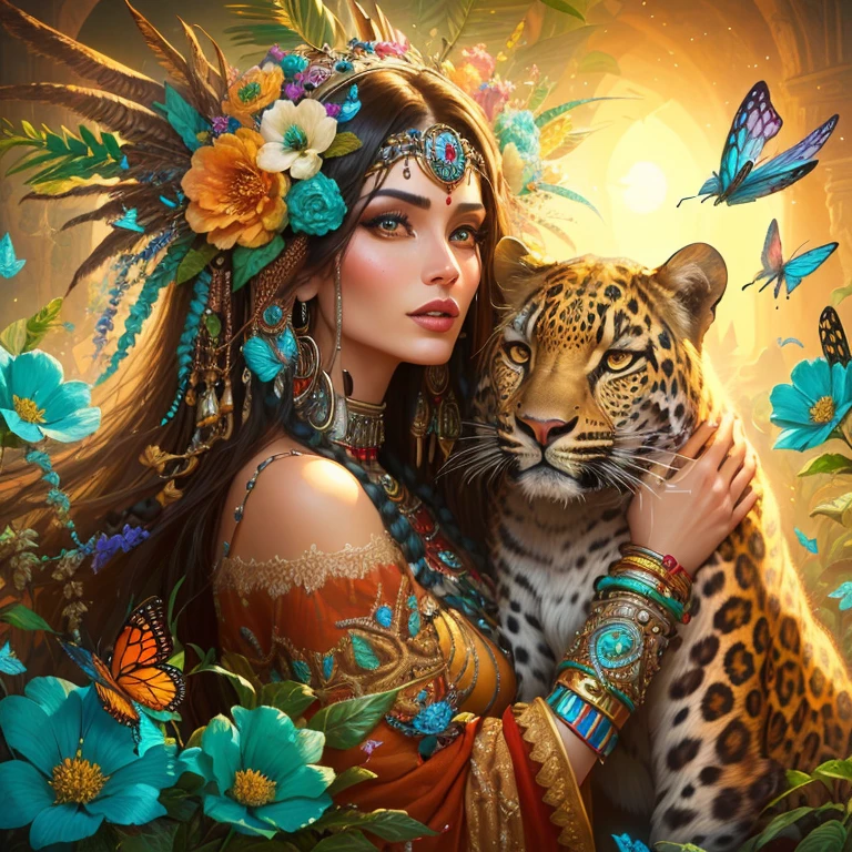 Lush plants，Beautiful Indian girl in Indian costume poses with a scepter and a ferocious cheetah in the jungle， Deep orange eyes, black and white, black background, (best quality,4K,8K,high resolution,masterpiece:1.2),Extremely detailed,(Practical,photoPractical,photo-Practical:1.37),Highly detailed animal portraits, Dramatic Lighting, Powerful predator, Intense expression, Fascinating eyes, Smooth spotted fur, muscular, Low angle shot, Close-up view, Minimalist composition, High contrast water drops on leaves