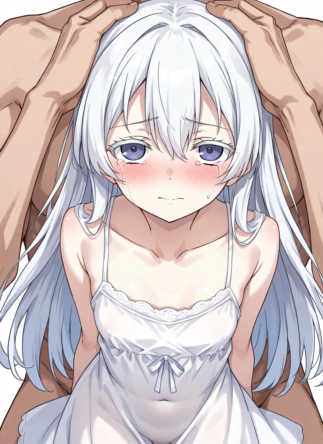 One Girl、On the bed、Amputated limbs、bandage、Despairing face、penis on stomach、tears、