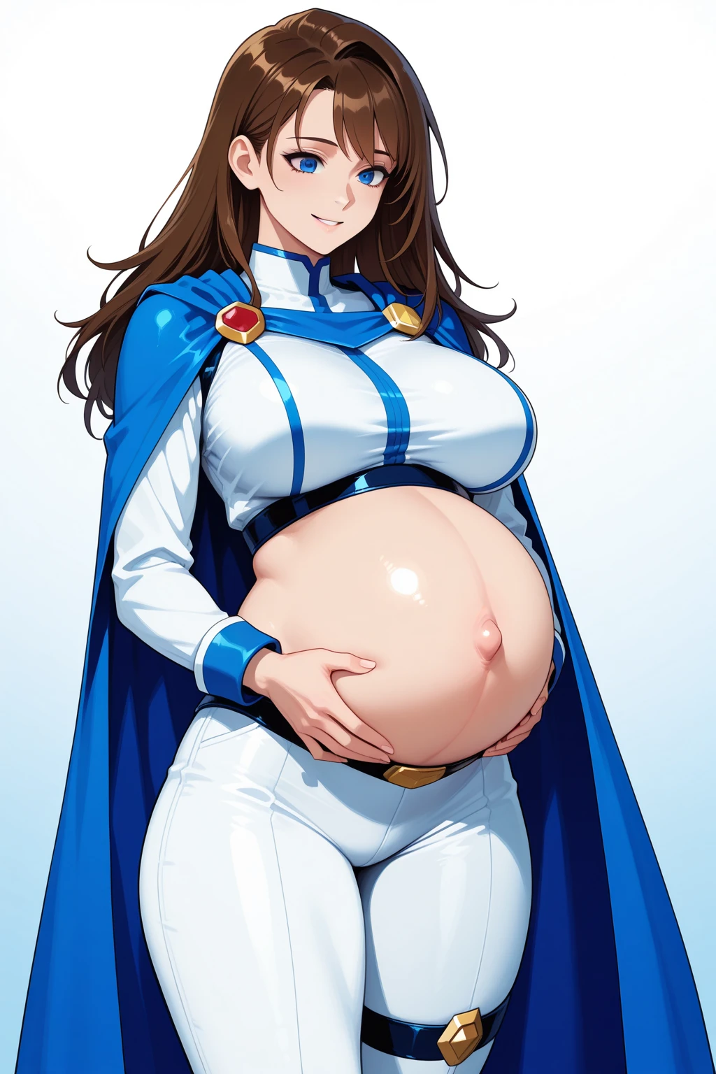 Fully,Exposed belly, Mouth wide open, mouth open, parted lips, Burping, mouth open, winking, hands on belly, holding belly, bloated, bloated Belly, pregnant, tight belly, Full body, standing still, 1girl, 18 years old,, looking at viewer, parted lips, long hair, brown hair, headphones, whisker markings, shoulder pads, blue bodysuit, ribbed bodysuit, animal print, clothes writing, long sleeves, white gloves, medium breasts, simple dark background