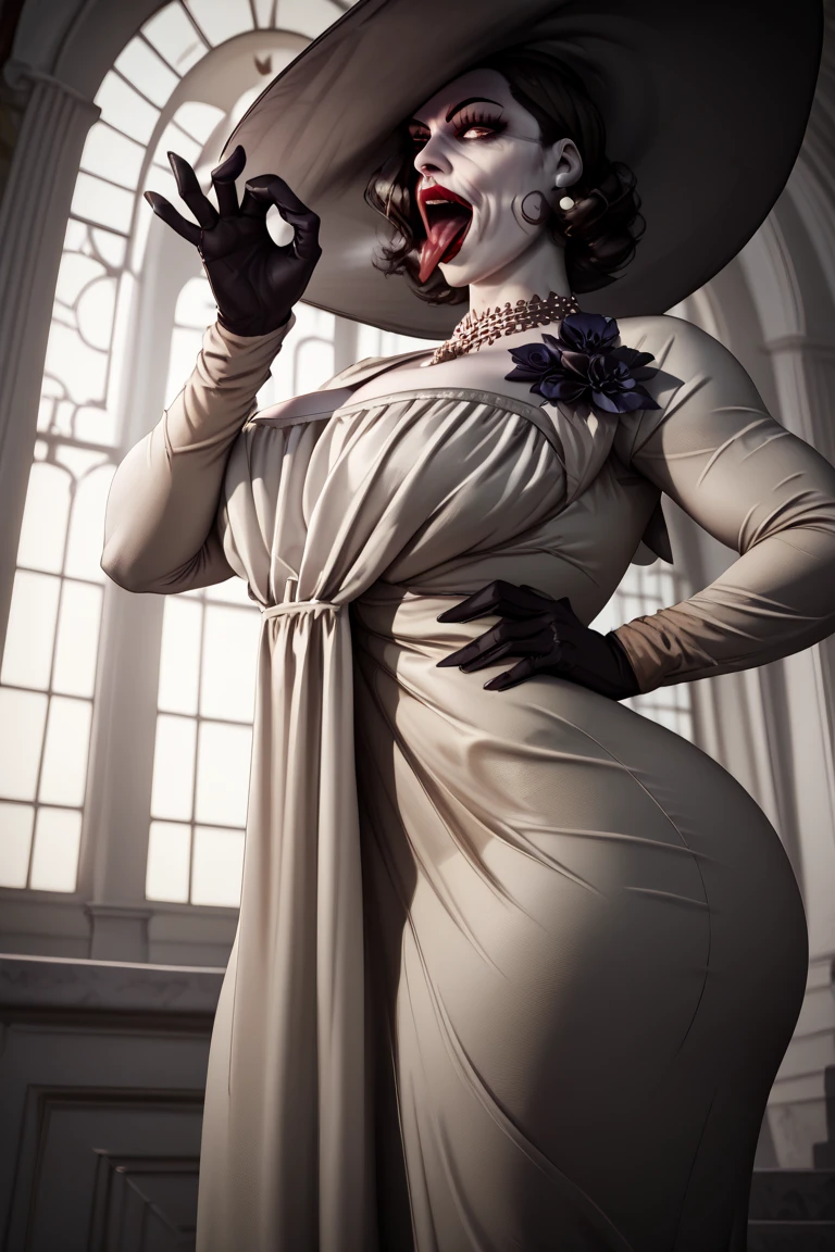By bebebebebe, by lostgoose, by goonie-san, solo, female, canine, (((hair, great dane))), white fur, standing, (tail, snout, detailed eyes), standing, (french city, detailed eyes), ((balenciaga dress)), big breasts, big breasts, hands behind back, chubby, overweight