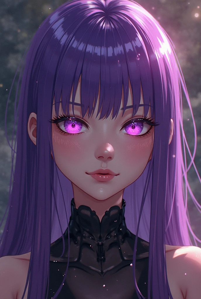 a beautiful detailed woman with intense mysterious eyes, piercing gaze, purple ethereal lighting, evil smile, dark death rendering background, highly detailed, intricate particle effects, masterpiece, cinematic, ray tracing, octane render, 8k, hyper realistic