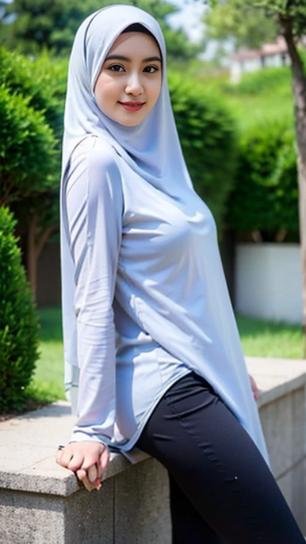 ( Close Up), RAW, Best quality, high resolution, masterpiece: 1.3), beautiful Malay woman in hijab, Masterpiece, perfect plump body, (big breast) and (water milk burst/ejaculated from nipples), big gorgeous eyes, exposing tits, big nipples, smile,thick thighs, beutifull face, woman sitting in a pantless is walking down a sidewalk, braless, nude, naked, long silk tight pant, very beautiful style, modest, light blue and white tones, - detailed shortb outfit, modestly short dressed , Excellent lighting, Bright colors, Clean lines, seducting pose