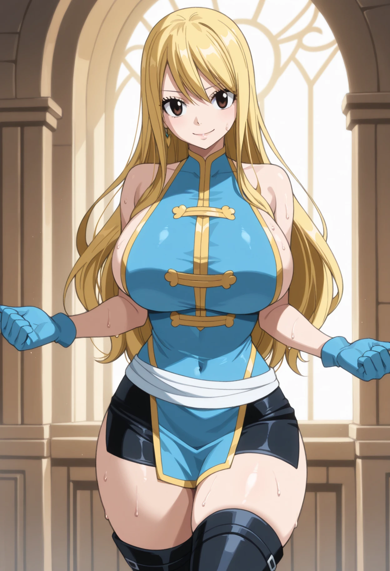 ((Armpit Show)),(masterpiece, highest quality),Perfect lighting, Perfect Anatomy, Perfect Face, Perfect Eyes, Leonardo q2020, 1 Girl, alone, Blonde Hair, Long Hair, Brown eyes, jewelry, (Super huge valley:1.95), leotard, (Blonde Hair:1.15, Long Hair, Full nudity:1.7, necklace), smile, Sexy pose, Knee Boots, Leg spread,
