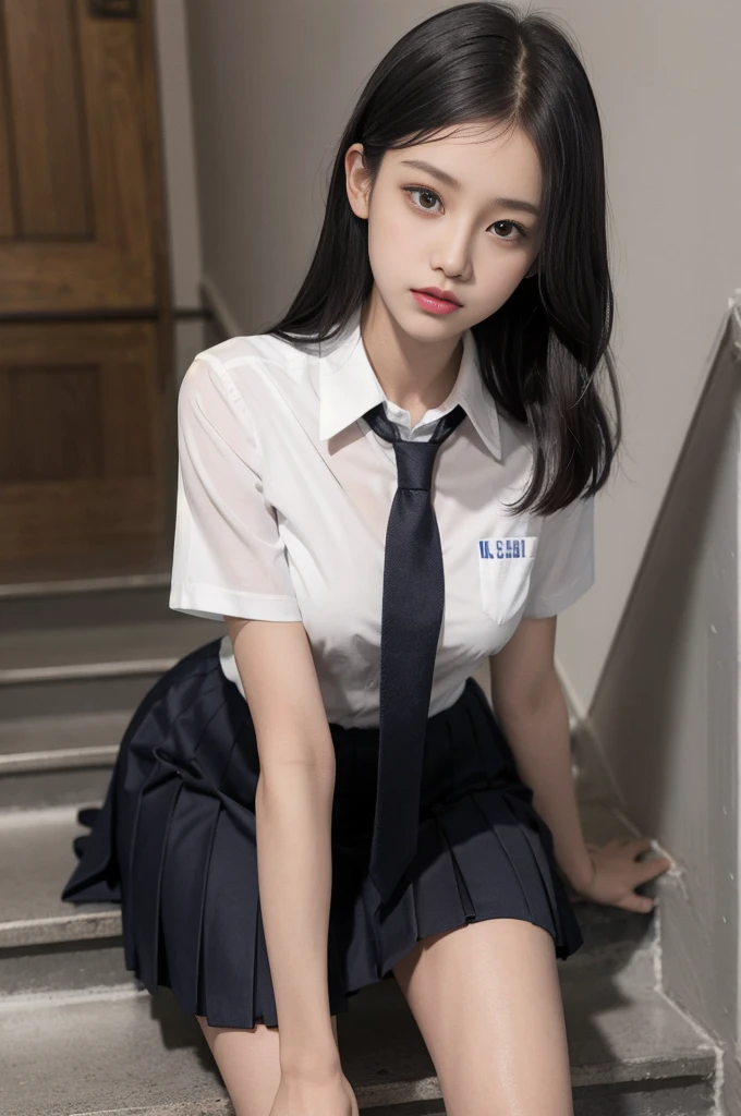 A cute girl is confined and tied up、Inside the room、White under the blue skirt、Red short sleeve shirt、Sit with your feet together and forward、Beauty、