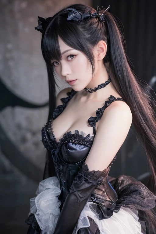 (highest quality, high resolution, masterpiece: 1.3), produces works of women that combine a dark and mad world with a focus on black with intense fantasy elements in high quality. She has a creepy and attractive figure, and the black fashion style that wraps around her whole body highlights her personality. The background is a fantastic fantasy world, with eerie magical lights dancing and strange creatures and magical plants. Her figure is mysterious, with a brilliant blend of dark vibes and fantasy essence. The effects of light and shadow are skillfully presented, and the details of the black costume and her face and expression are meticulously drawn. The fantasy element intensifies even more, and a magical light envelops her. The overall atmosphere is mysterious and enchanting, yet it has its own artistic touch. The black and dark tones of this work stand out, which will evoke visual stimulation and aesthetic sensation, giving the viewer interest and mysterious charm. We create high-quality works that weave fantasy elements into a dark and mad worldview. Her eerie and charming figure and fantastic background will make a deep impression on the viewer as a unique work of art.