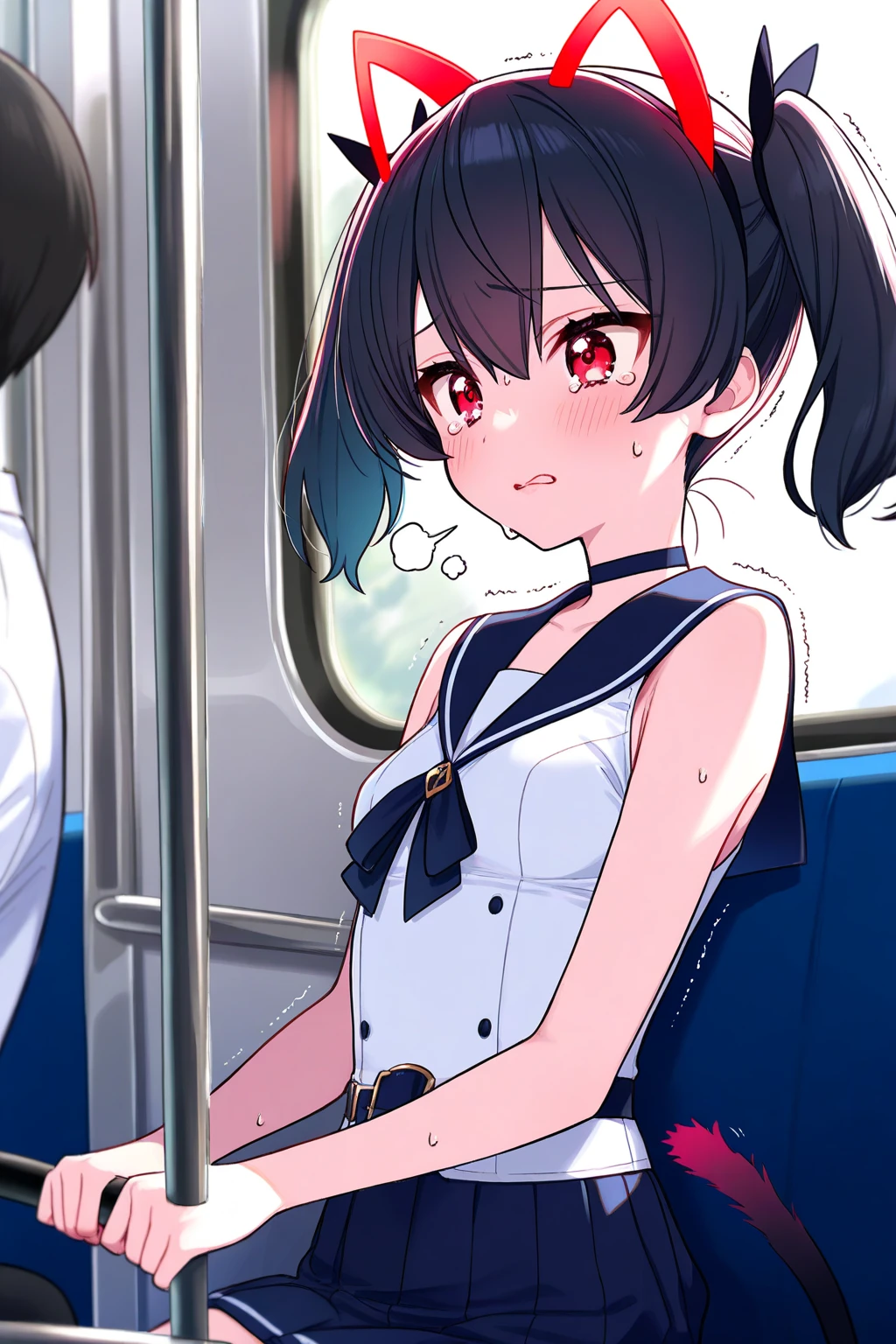A girl with erect nipples, black short bob hair, small breasts and pale pubic hair is crying and unwillingly on a train while being forced to hold his penis by a molester.