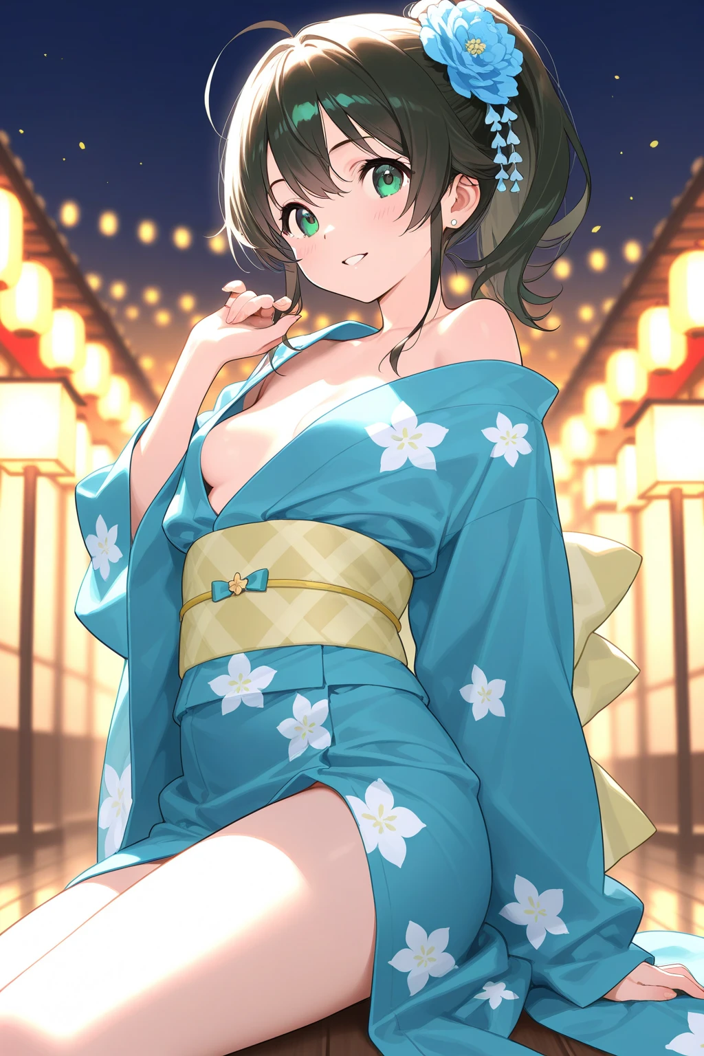 Gao Jiejie,Highest quality,Detailed Background,night,Outdoor,firework,1 Girl,Red eyes,smile,Long twin tails,Brown Hair,Eyebrows visible through hair,Flat Chest,Blue yukata,Cleavage,Nipples,upper body,1boy,(hetero),vaginale,Sex,cum in pussy