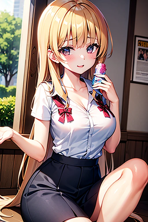 Masterpiece, Best quality, A high resolution, Kitagawa Marin, 1girll, Blonde hair, Long hair, multicolored hair, Red eyes, jewelry, Earrings, Piercing, school uniform, White shirt, tiedshirt, Black choker, a blue tie, plaid skirts, grin, Smile, standing, Cowboy shot, Outdoors,revealing her belly（Above the belly，Tattooed，Tattoo of the lewd devil），Golden ratio figure，（No skirt，vacuum，No close-fitting pants，moisty），legs are open（（Leakage of female genital organs（closeup cleavage）），Seductive pose（missionaris position），Leakage of female genital organs，Spray urine，Can't help it（Pee out），A large amount of liquid spews out，Accompanied by transparency，ropy，liquids，A large number come out of the female genital organs，Peeing wet sheets appear（Cleavage is seductive）