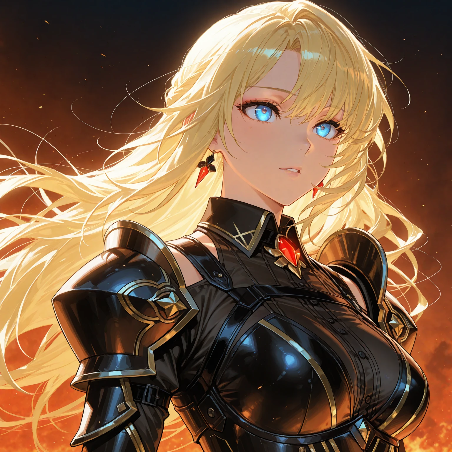 (High Detail:1.2) Anime Girl, (Best quality, Detailed), (dark, gravelly:1.3, dark:1.2), 1girl, (solo), long curvy hair, gold hair, green eyes, tanned skin, sinister, intense look, background dark, Volumetric light, hyper realistic, super detailed, Dynamic pose, (medium breasts), gold plate armor, gold sword, church.