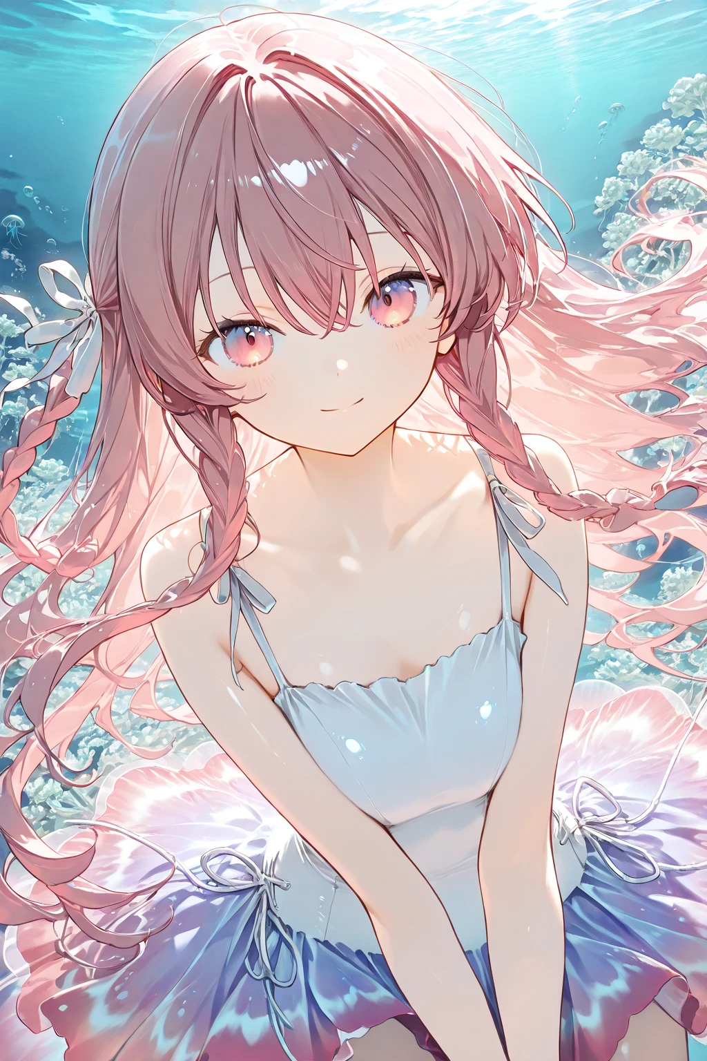 (2D Animation Style: 1.4), (Japanese Animation: 1.9), HD, (Golden Lighting: 1, 4), White Skin, Full Image Light, Horns, (Clear Eyes), White Sunlight, Hair Glow, (((Falling Rain: 1.2), Sunlight, Sun, Waves, (Water Surface), Close Up, Back, Back Turn, Glowing, Long Pink Hair, Clear Eyes, Prayer, Looking at the Girl from the Side, Side, Holy Light, (Clear Clothes), Underwater, laughter 😆😆😆😆, bubbles, (water divergence), (air divergence)