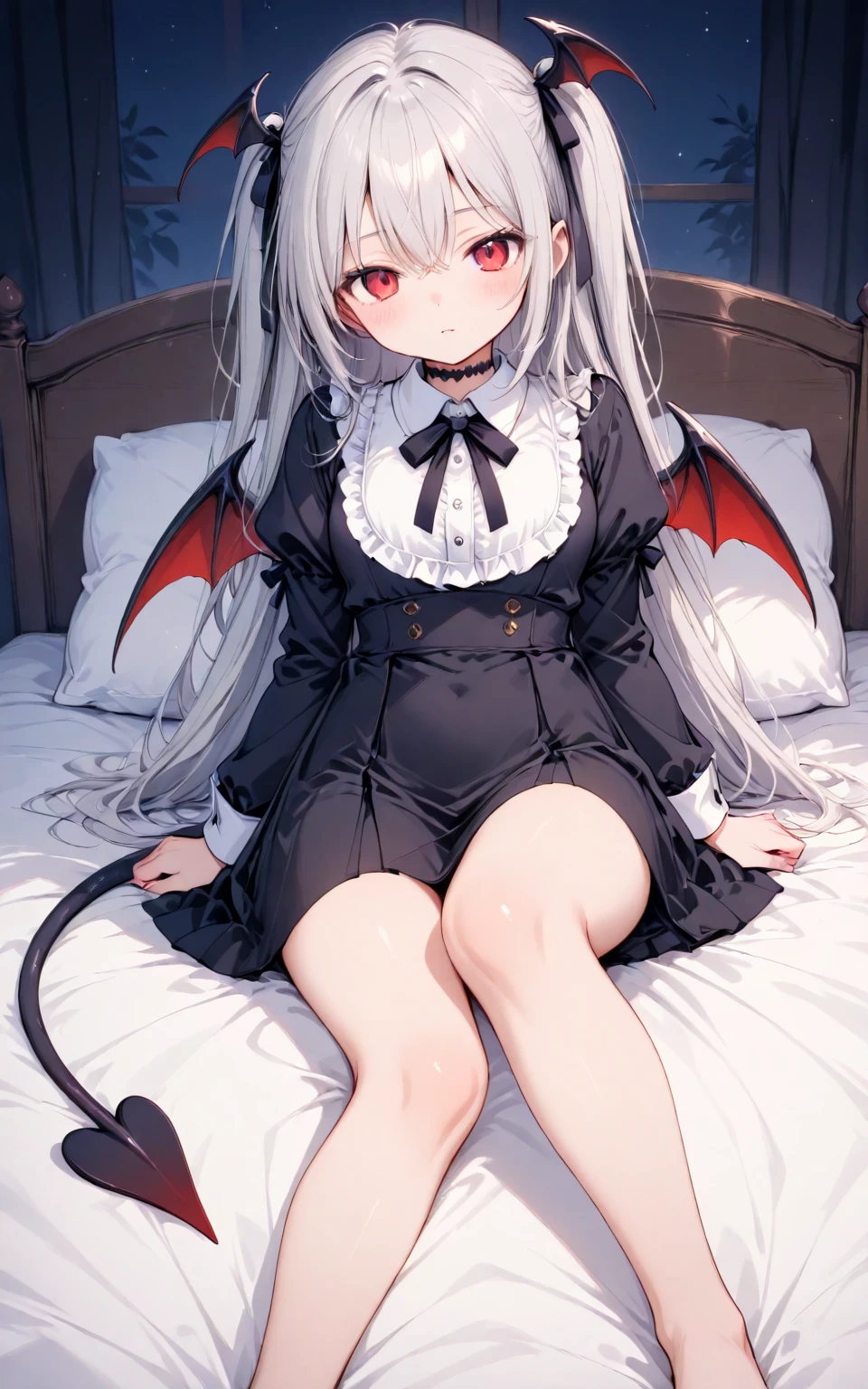 57 
(((1 girl)),Ray Tracing,(dim照明),[Detailed Background (Bedroom)),((Silver Hair)),((Silver Hair)),(Fluffy Silver Hair, Plump and slender girl)) Avoid blonde eyes in the ominous Bedroom ((((Girls、She wears intricately embroidered black high-waisted pants and pantyhose.。) White gloves), Showing off a delicate, slim figure and graceful curves, Correct limbs, bedに座っている、One 2D beautiful girl、Cute face、Silver Hair、Long Hair、I have very long hair、high school girl、Sexy、having sex with a man、Back posture、Pale skin、Blue Archiveakoto Hanuma、high school girl、Black lace underwear、Wearing black tights、There is a black jacket、bedにいる、Fluffy hair tips、Hiding one eye、Long Hair、His right eye is hidden by his bangs.、Slanted Eyes、Three white eyes、Green Eyes、Black and Red Halo、Double teeth、Feeling embarrassed、A tough expression to hide embarrassment、Cool personality、It has two horns growing above each ear.、The horns are two colors: black and red-black.、Black lace underwear、Unbuttoned、The shame is hidden、ears are pointed、White gloves、bed、dim、Sensitiveな、intense、Grabbing a pillow、Tight Skirt、devil、Sensitive、Open chest、Clothes are off