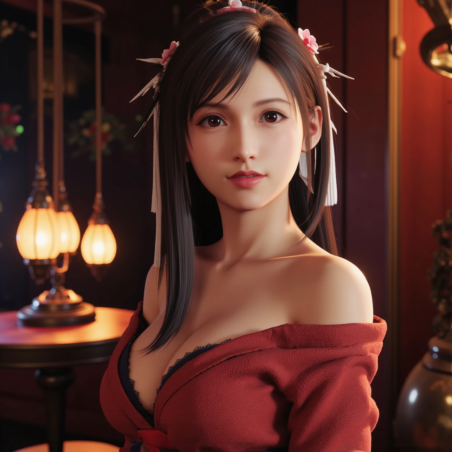 (photorealistic:1.4),best quality,realistic, masterpiece, an extremely delicate and beautiful, CG,extremely detailed ,highres, extremely detailed, 1girl, tifa_lockhart,beautiful detailed girl,full body, realistic,japanese clothes, beautiful detailed red eyes, light on face, cinematic lighting, <lora:koreanDollLikenesss_v10:0.4><lora:tifaMeenow_tifaV2:0.6>