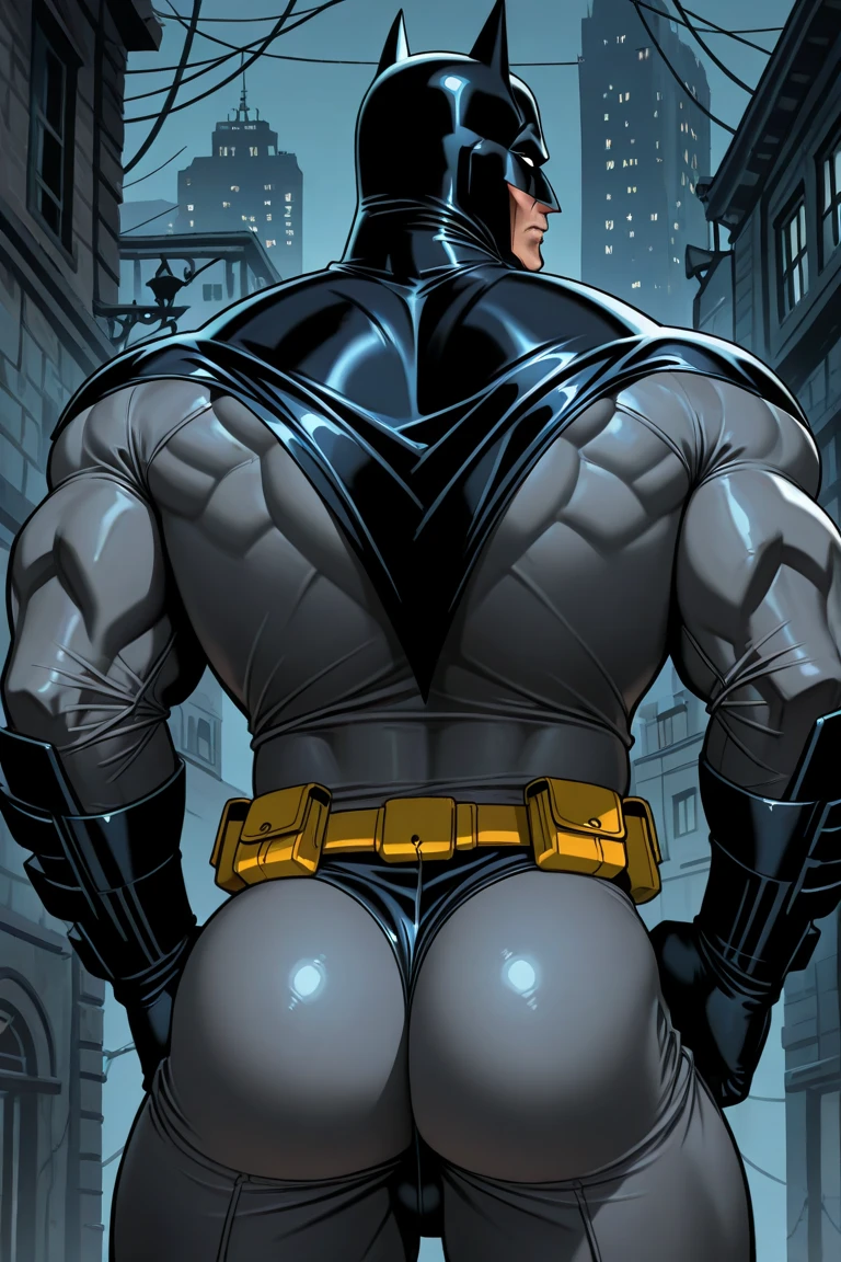 Batman, from front, super fine, lower body shot, middle-aged man, hunk, looking down and mouth wide open with shocked face, Batman's crotch get pinched by many people, Batman's crotch squeezed by many people,