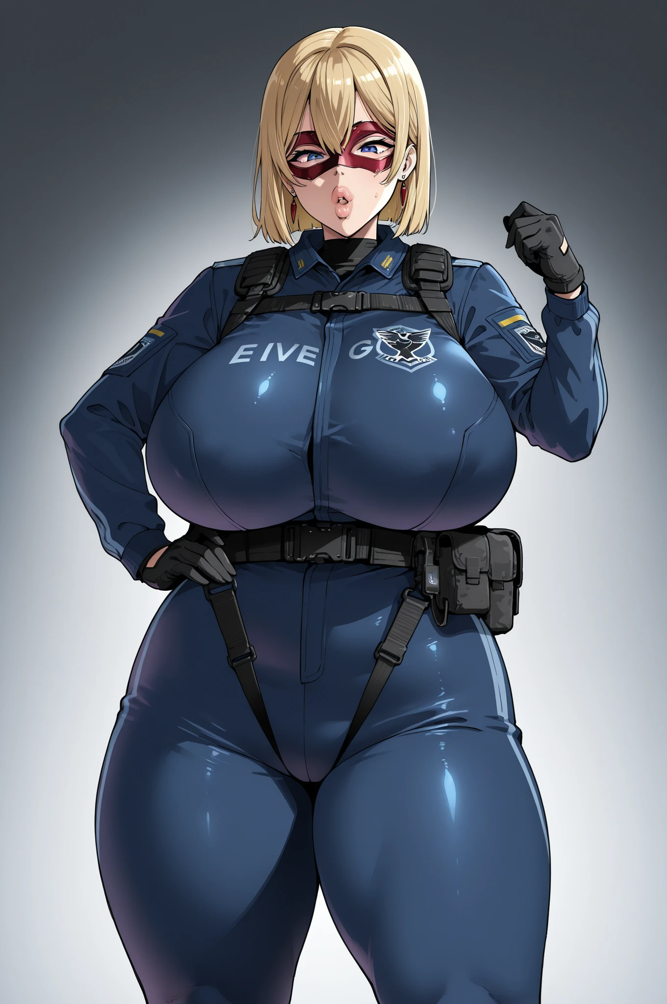 score_9, score_8_up, score_7_up, source_anime, 1girl, solo, cowboy shot, policewoman, looking at viewer, pointing at viewer, black pants, belt, blue collared shirt, short sleeves, peaked cap, police badge, thigh holster, depth of field, shouting, open mouth, frown, medium hair, blonde hair, sidetail, short sidetail, collarbone, cleavage, medium breasts, blue eyes, blush, crotch seam, taut pants, black gloves,anime character with huge breasts and big muscles posing for a picture, oppai, oppai proportions, thicc, powerful and huge, biomechanical oppai, big arms, big muscle, heavy detailedig biceps, massive muscles