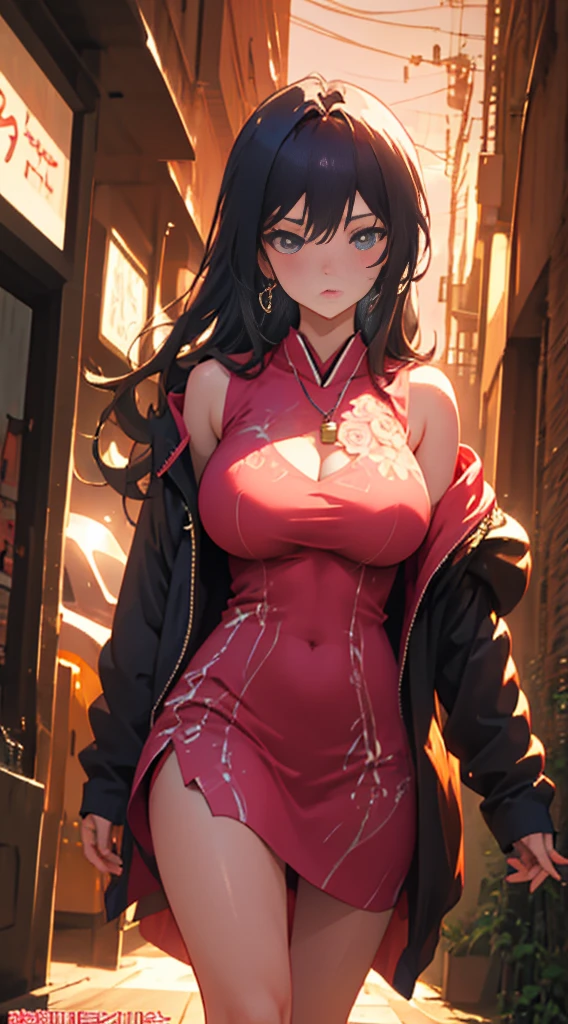 B1 woman, 45 years old, hair as black as night (((night black))), wearing a beautiful red dress (((blood red))), close to her body, enhancing her curves, very large_breasts, V-neck that goes up to her navel, walking down a street at night, with gates with yellow lights (((yellow gold))), the lighting making her very sensual and unique., greek_clothes_peplos_