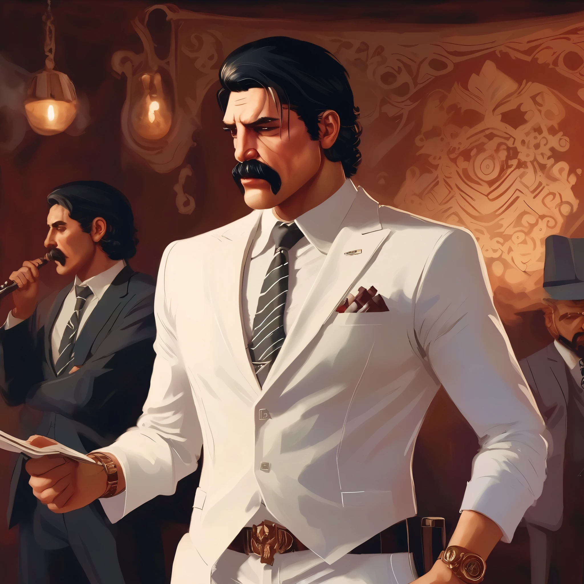 (obra maestra, Mejor calidad:1.2), 1 chico, thenahualli, serious, dangerous man, threatening, elegant, elegante, he is a gangster, (((white suit))), luxurious hall, standing on a dais, receiving an award, holding award, (((realistic, detailed, photorealistic)))