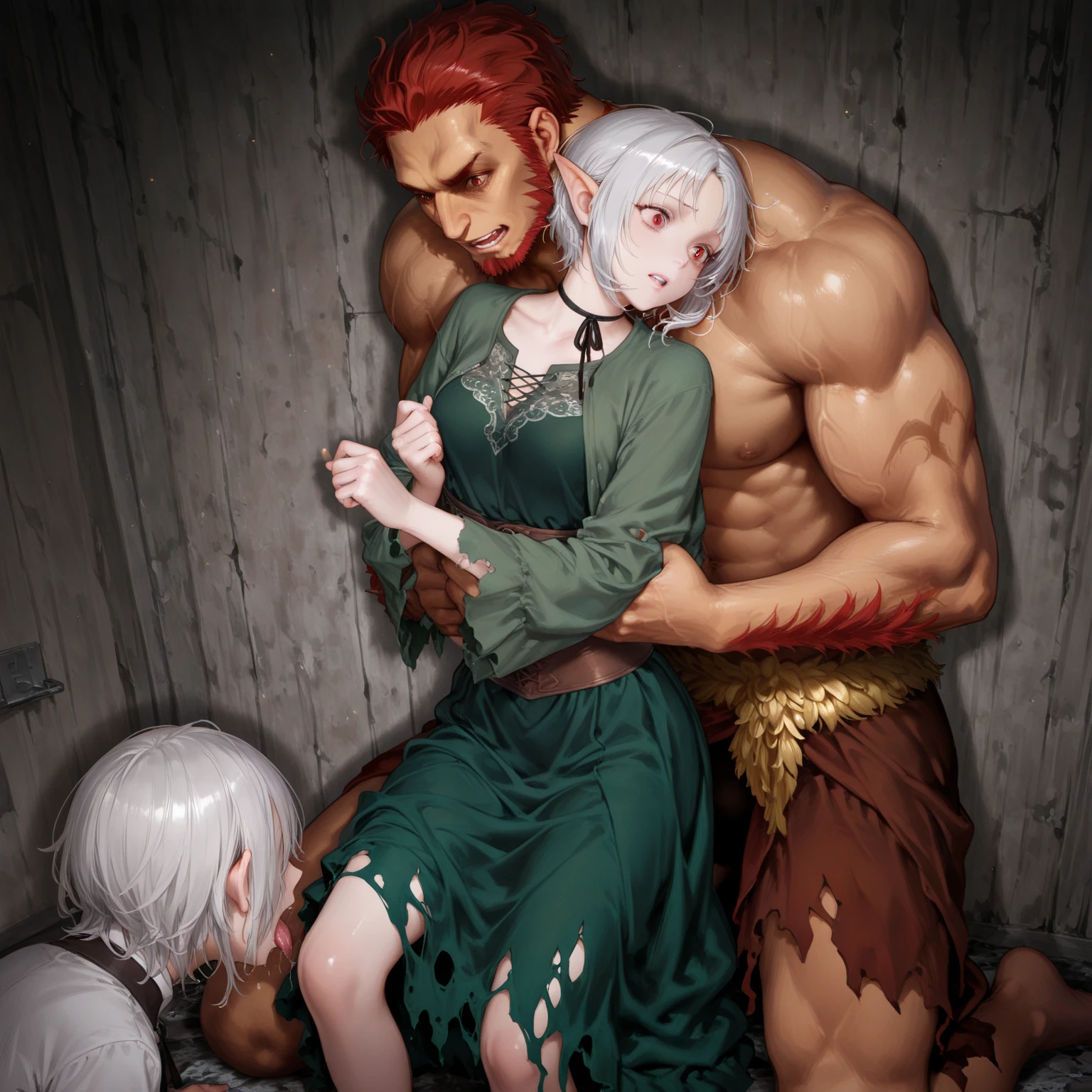 (((1 male king inspired by male aemond targaryen and a group of ugly bastards men - a male young adult king of iron throne on all fours wearing erotic and provocative torn leather medieval clothes like in game of thrones is being enslaved by ugly group of peasants and fucked))), NSFW, ((yaoi gangbang)), (game of thrones inspired yaoi), (dark fantasy yaoi), ((dark setting)), (((the gay peasants tease the fallen and enslaved male king “how do you like being our slave?” The king breathing heavily says “Ngh, please fuck me!”))), ((inside dark castle like in game of thrones background)), ((ashamed defeated king being humiliated by dirty male peasants)), ((gay sexual assault:0.2)), ((well drawn ganbang pose)), ((male targaryen getting clapped)), ((men with huge ceiny well drawn cocks)), ((creampie)), ((“you are lewd, you love being surrounded by cocks dont you king?” “”Mm yes, cover me in your seed”)),