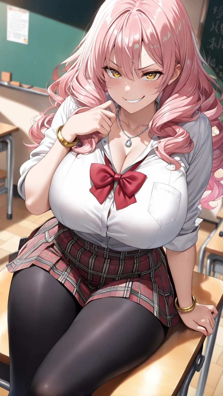 junkoenoshima,<lora:junkoenoshima-lora-nochekaiser:1>,junko enoshima,bear hair ornament,blue eyes,long hair,pink hair,twintails,evil smile,(grin:0.6),open mouth,bow,bra,choker,cleavage,fingernails,lace trim,lace-trimmed bra,long fingernails,loose necktie,nail polish,necktie,plaid,plaid skirt,pleated skirt,skirt,indoors,classroom,looking at viewer,(masterpiece:1.2),best quality,high resolution,unity 8k wallpaper,(illustration:0.8),(beautiful detailed eyes:1.6),extremely detailed face,perfect lighting,extremely detailed CG,(perfect hands, perfect anatomy),(covered nipples:0.7),from below,cowboy shot,pussy,