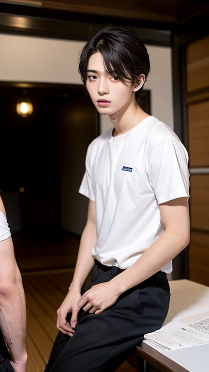 photography of a 16yo boy, perfect face, masterpiece, white clothes, brown hair, hanzel eyes, short pants and crying 