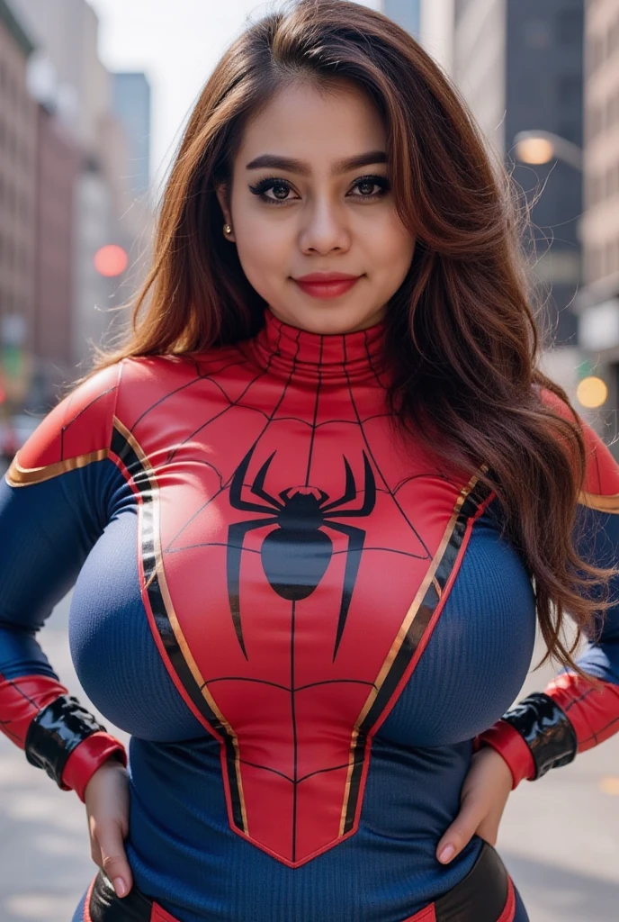 (Masterpiece, best quality, ultra-detailed),(Woman body defined:1.2, large breasts:1.2), Spiderman costume dress, staring at the cam, sweat cleavage, detailed skin:1.3, standing pose, perfect arms:1.2, perfect hands:1.2)hands on the legs