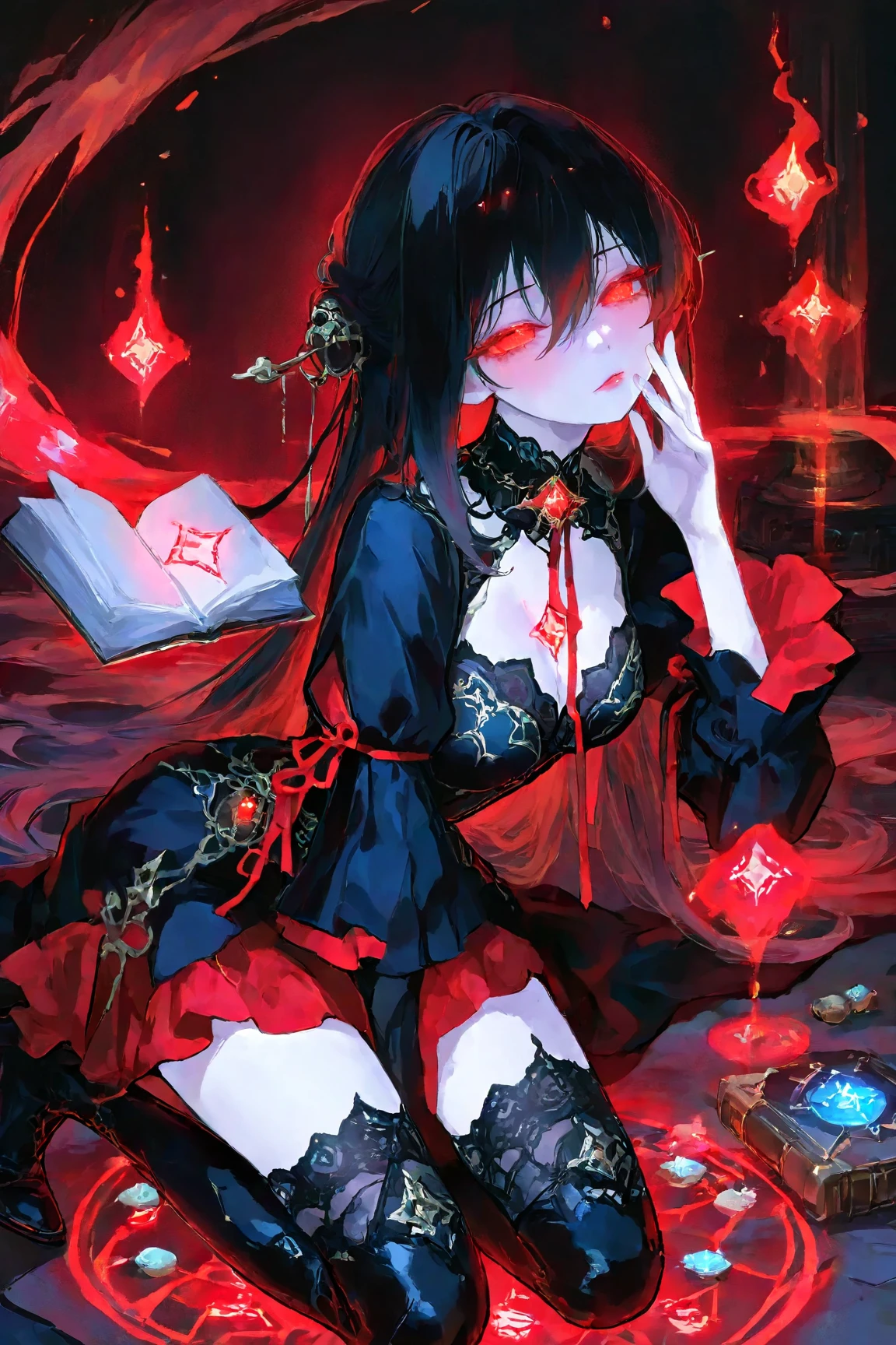Highest quality, Highest quality, 16K, Unbelievably absurd, Very detailed, 2.5D, delicate and dynamic,Blue Flame,Blue Flameが周りにある,Blue Flameのエフェクト,Blue Flameに囲まれる,darkness,universe,Red Moon,hell,woman,22 years old,Detailed appearance,Elegance,Glittering kimono,Black-based kimono,Fishnet tights,Vivid decoration,Shiny Hair,Red eyes,Queen,smile,ridicule,Smoking a pipe,Sit on a chair,Crossing your legs,Reminiscent of death,Skeletons are falling