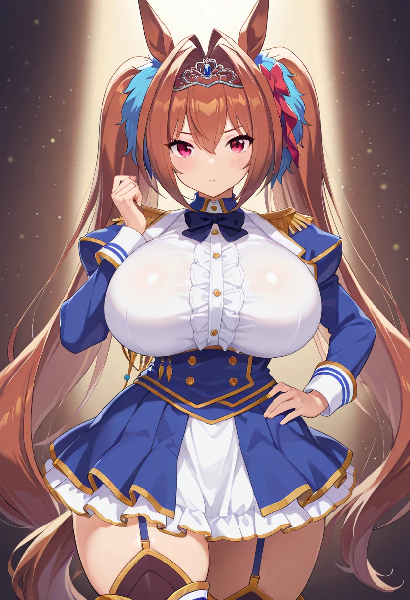 masterpiece, best quality, highres, 1girl, daiwa scarlet (umamusume), horse ears, long hair, twintails, tiara, horse tail, very long hair, brown hair, epaulettes, long sleeves, gigantic huge breasts, Whipped thighs,Trasen , white thighhig, White skirt, sailor shirt, Puffy Short Sleeves,Sailor collar, Purple shirt, a miniskirt,bangs,fang, red eyes, hair,between eyes, hair bow,  smile,standing