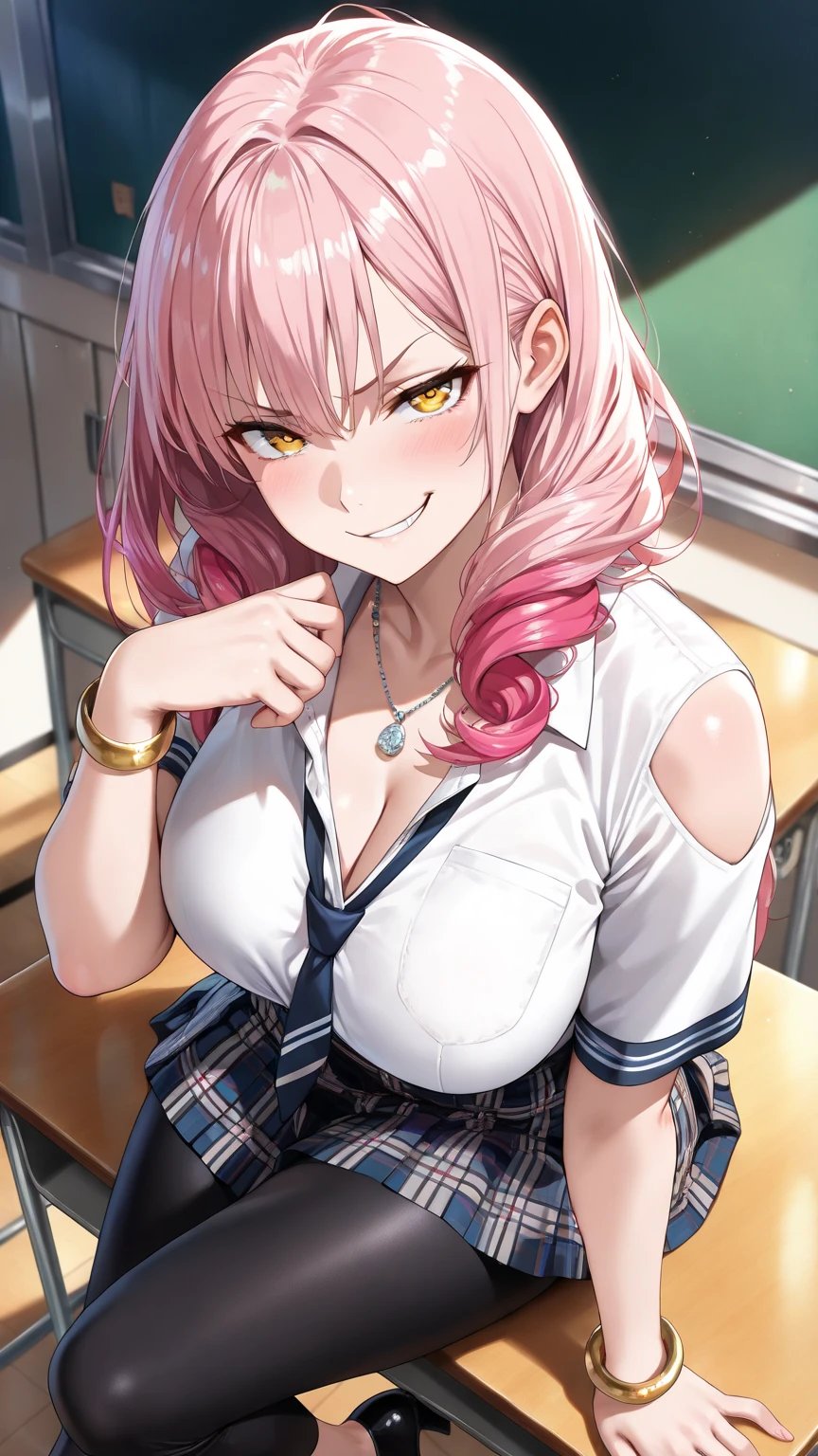(8K、Best image quality、highest quality、masterpiece)、(Detailed face, cute eyes,Pink Hair, horn, open mouth, grin), (skinny body),(medium breasts), (school uniform), (Light blue striped pants), (cleavage), Classroom Background, (black stockings), (Thighs:1.2), (Waistline)